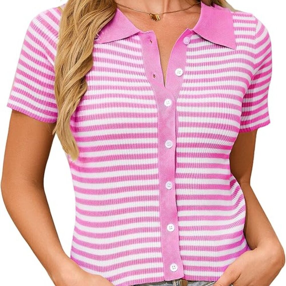 Striped Pullover Sweater Cardigan Ribbed Knit Button Up XL Pink White NEW
